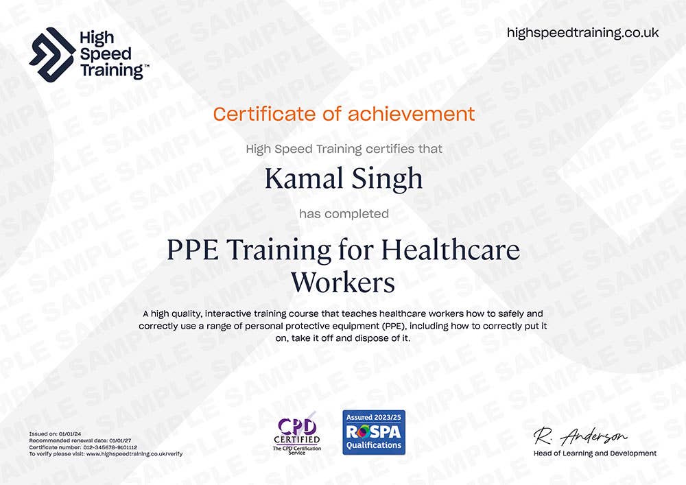 Sample PPE Training for Healthcare Workers certificate