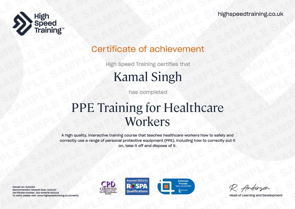 Sample PPE Training for Healthcare Workers certificate