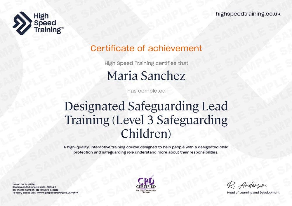 Sample Designated Safeguarding Lead Training (Level 3 Safeguarding Children) Certificate
