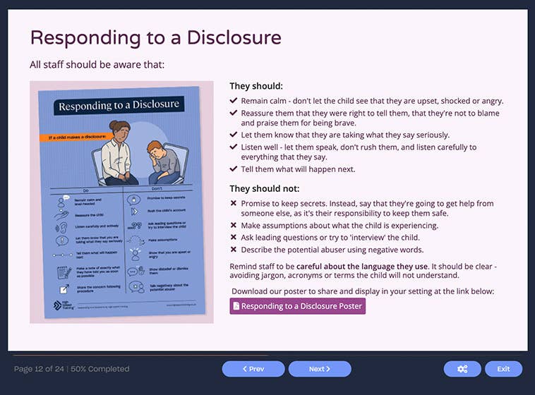 Course screenshot showing how to respond to a disclosure