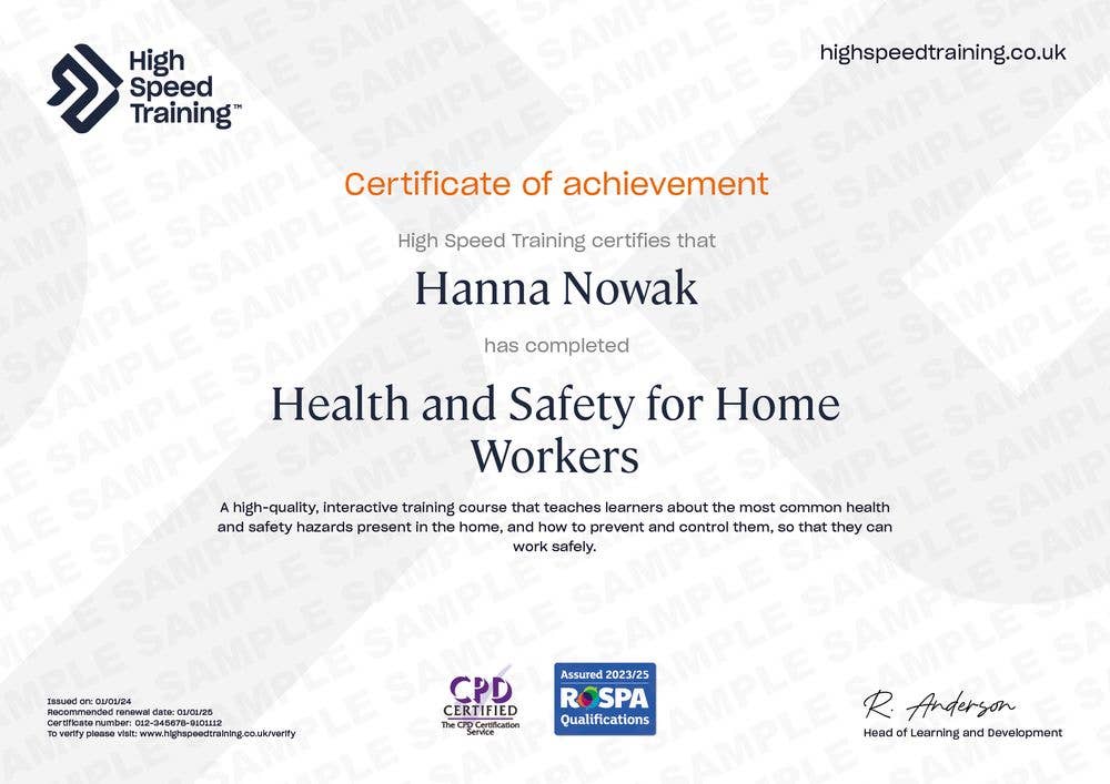 Sample Health and Safety for Home Workers certificate