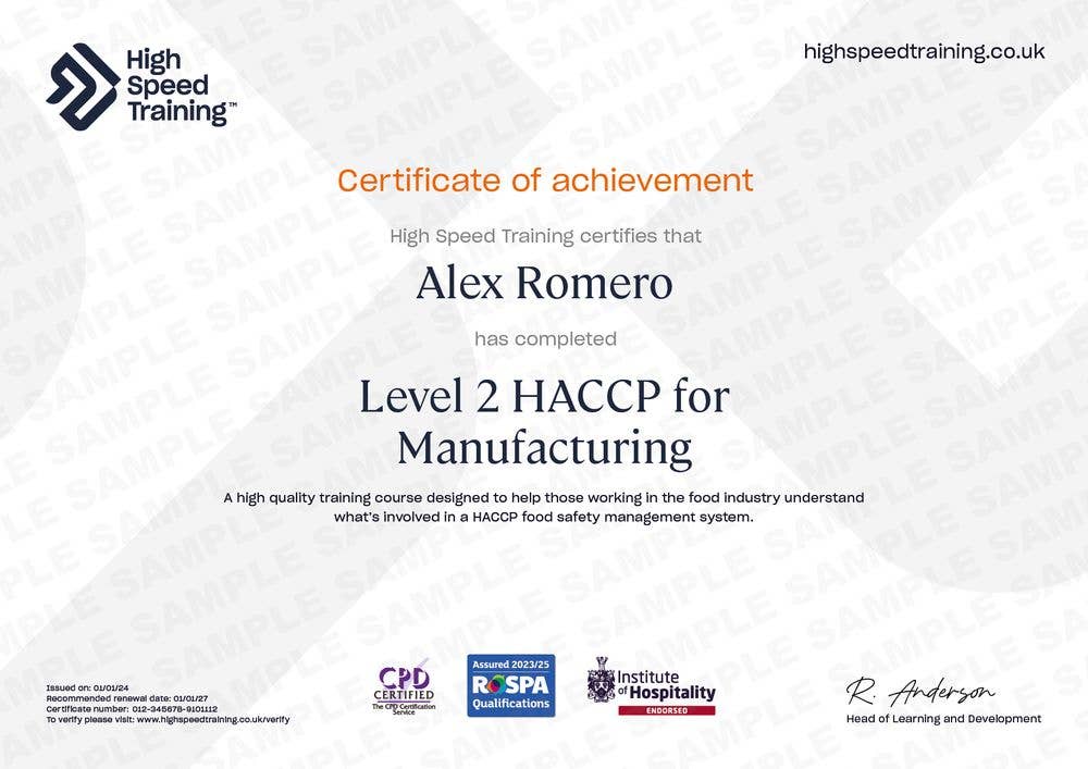 Sample Certificate For Level 2 HACCP For Manufacturing