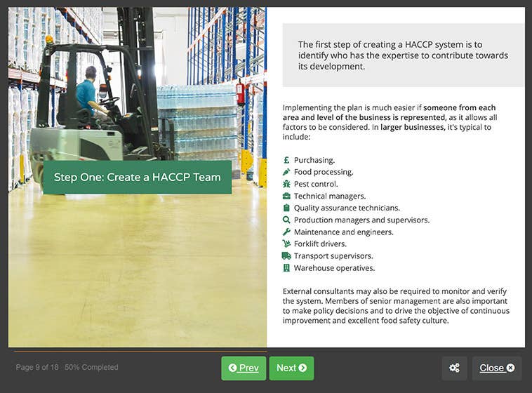 Course screenshot showing step one create a haccp team