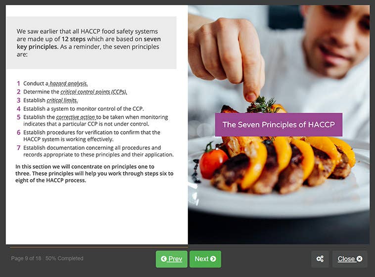 Course screenshot showing the seven principles of HACCP