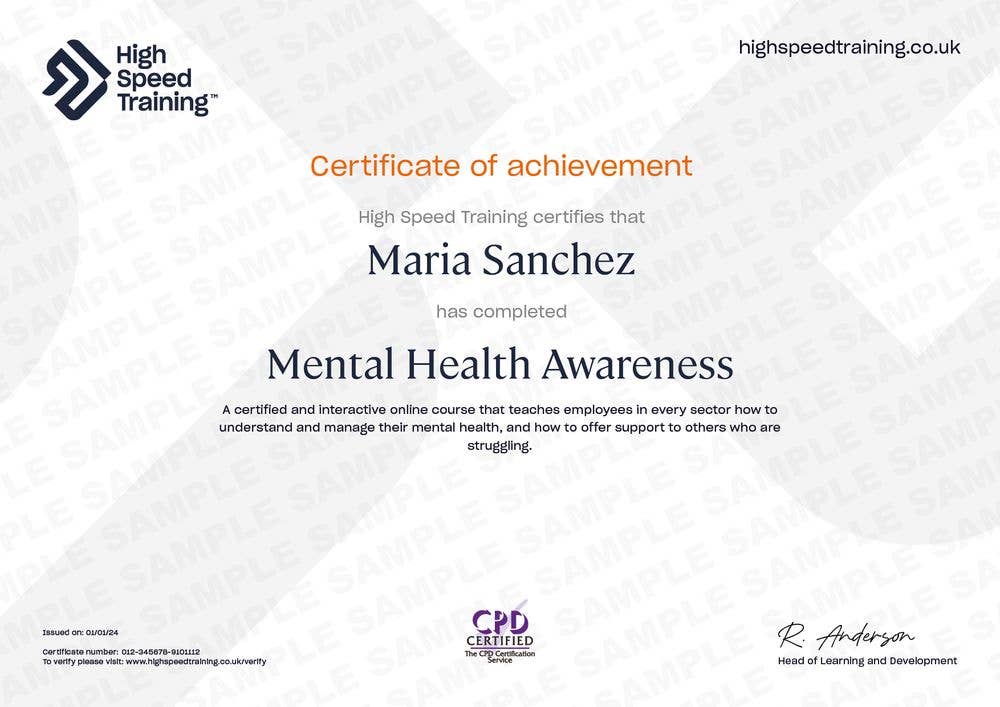 Sample Mental Health Awareness Certificate