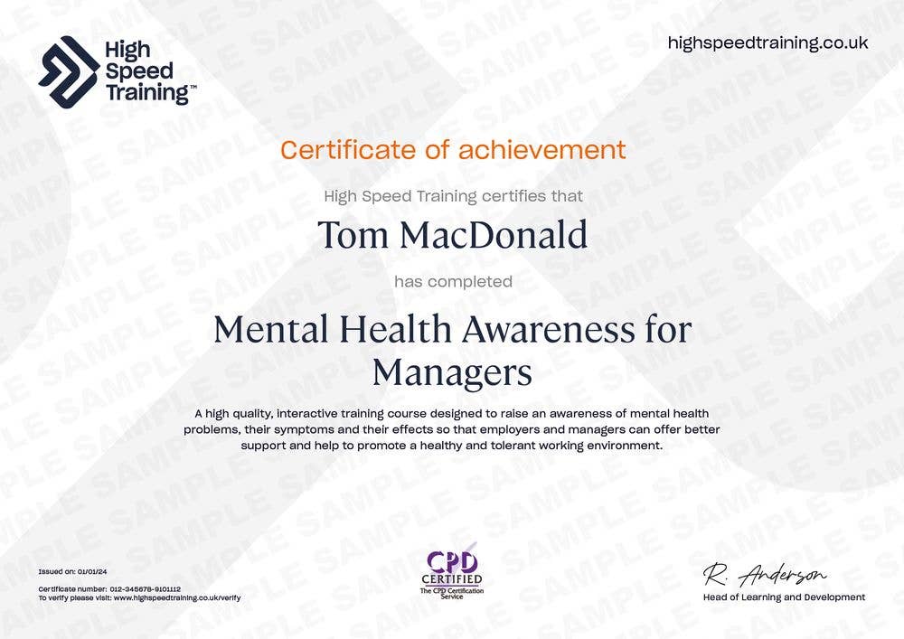 Sample Mental Health Awareness For Managers Certificate