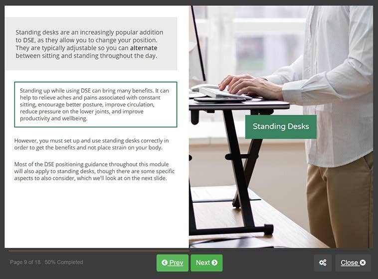 Course screenshot showing standing desks