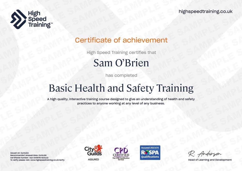 Sample Basic Health and Safety Training certificate