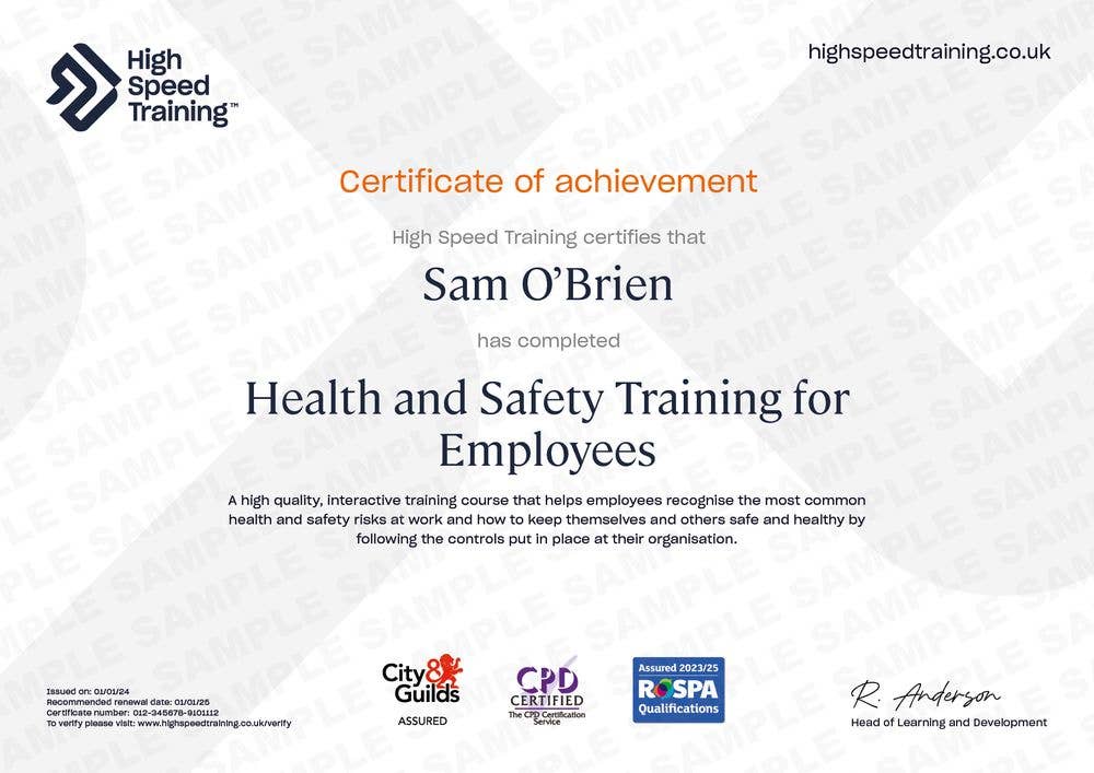 Sample Health and Safety Training for Employees Certificate