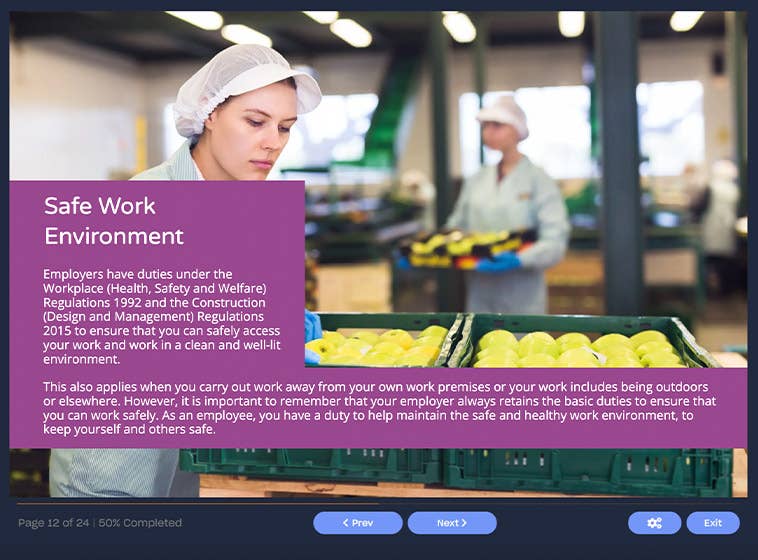 Course screenshot showing a safe work environment