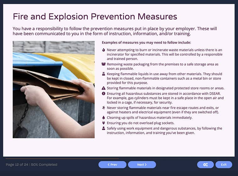 Course screenshot showing fire and explosion prevention measures