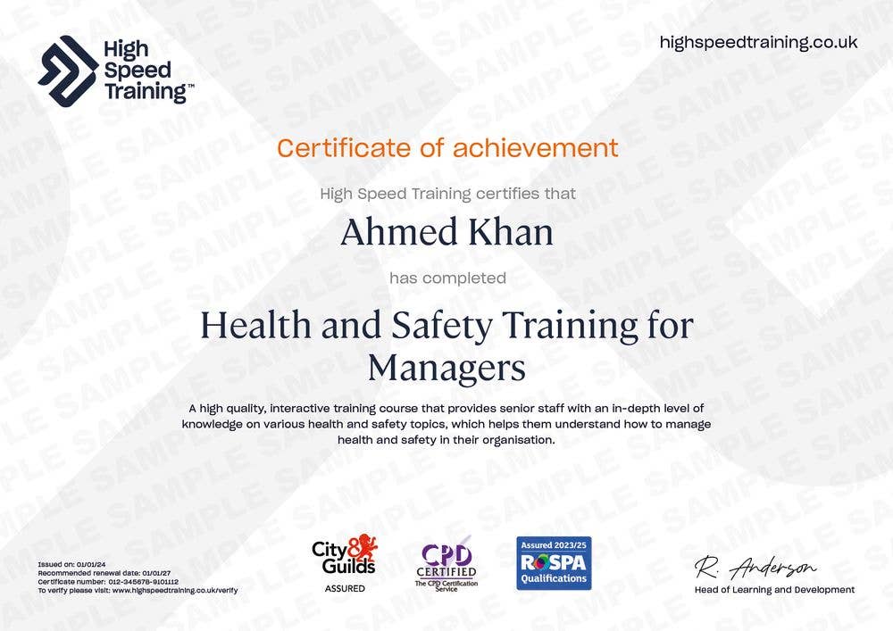 Sample Health and Safety Training for Managers Certificate