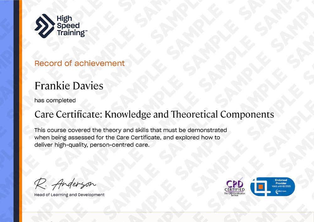 Example certificate for the Care Certificate Course