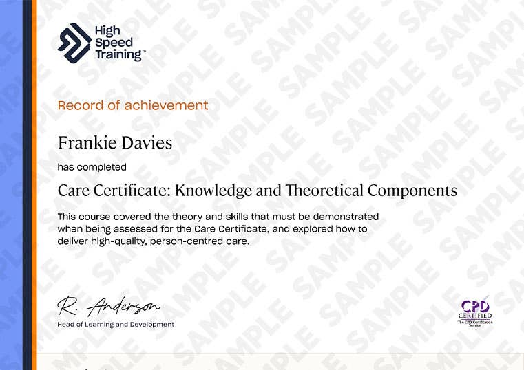 Example record of achievement for the Care Certificate Course