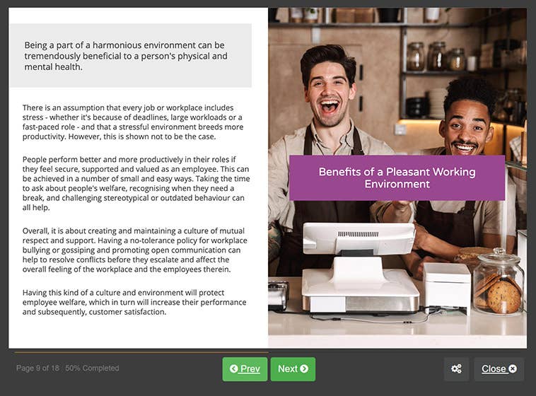 Course screenshot showing benefits of a pleasant working environment