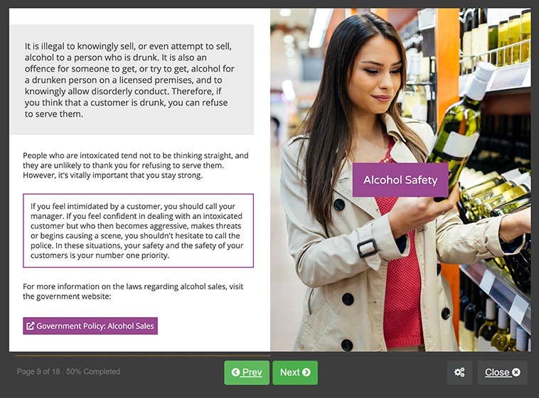 Course screenshot showing alcohol safety