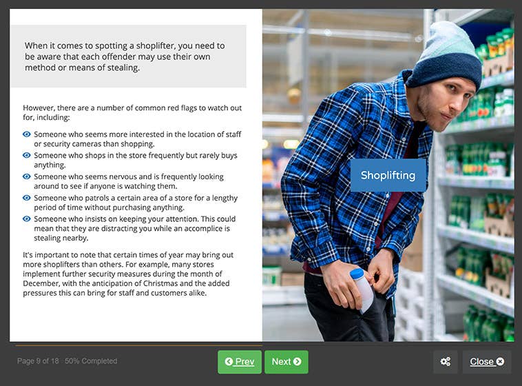 Course screenshot showing shoplifting