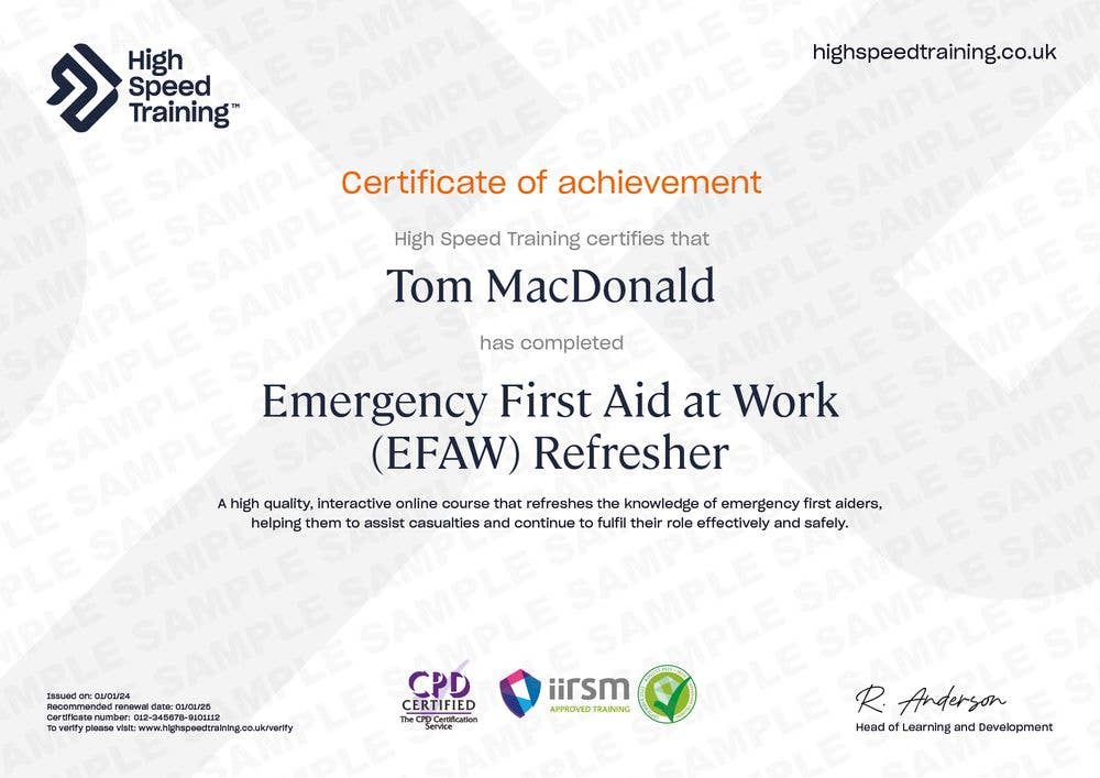 Sample Emergency First Aid at Work (EFAW) Refresher Certificate