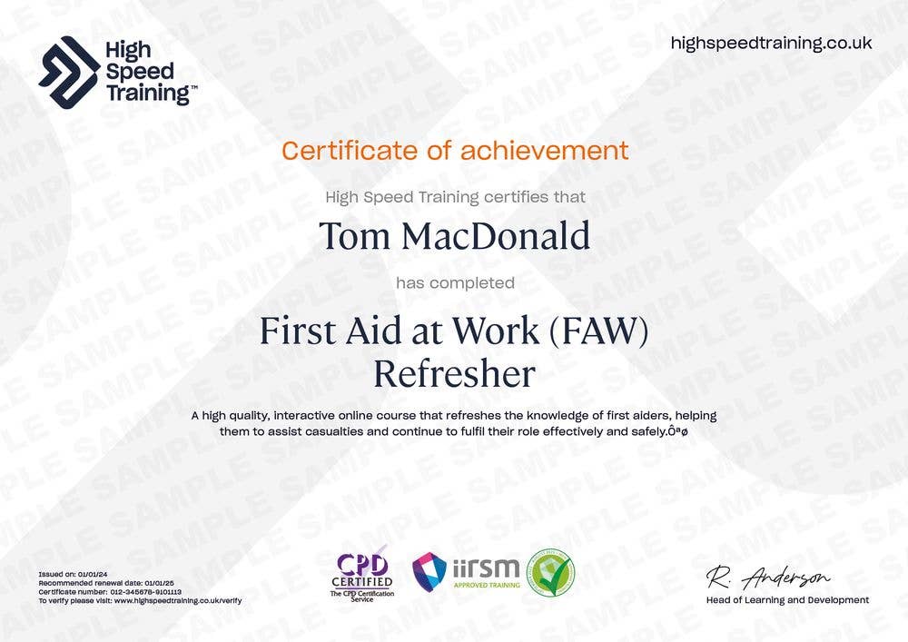 Sample First Aid at Work (FAW) Refresher Certificate