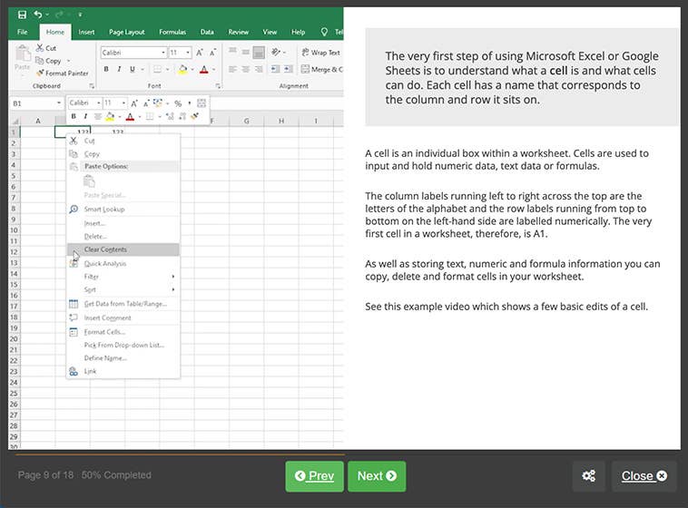 Course screenshot showing some excel formulas