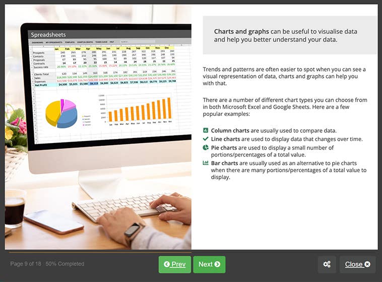 Course screenshot showing charts and graphs