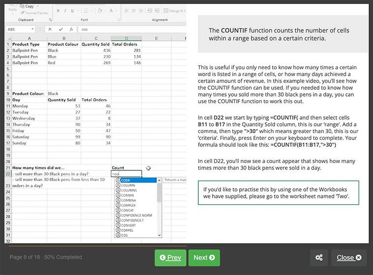 Course screenshot showing how to do COUNTIF