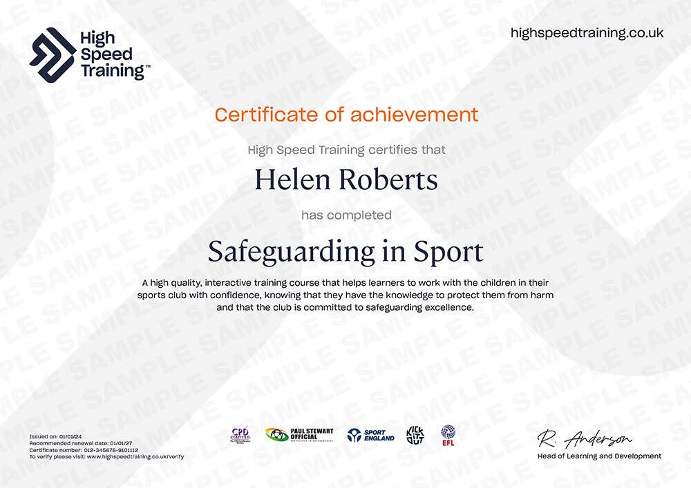 Sample Safeguarding in Sport Certificate