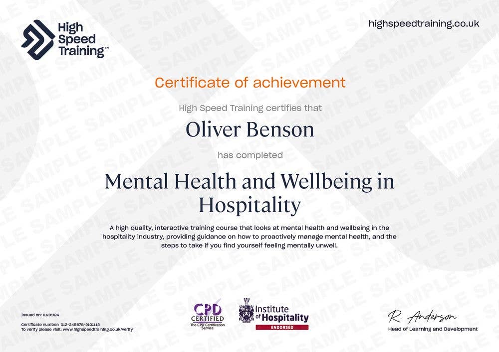 Sample Mental Health and Wellbeing In Hospitality Certificate