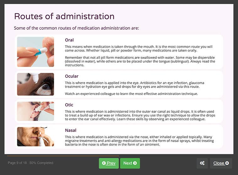 Course screenshot showing routes of administration