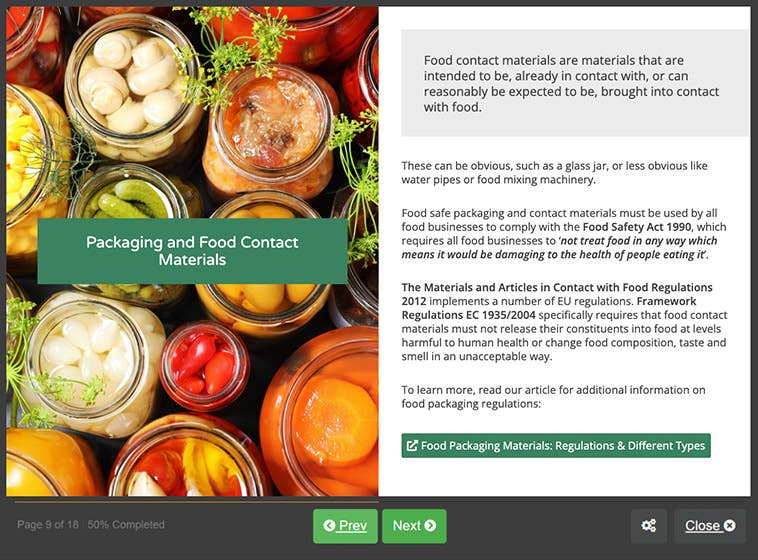 Course screenshot showing packaging and food contact materials