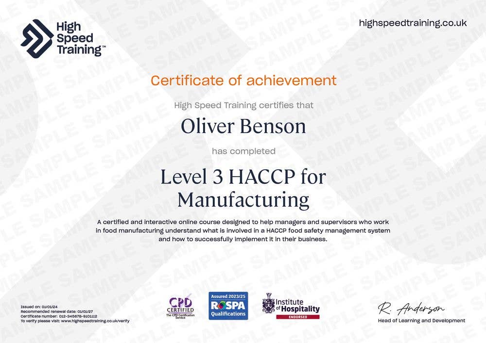 Sample Level 3 HACCP for Manufacturing Certificate