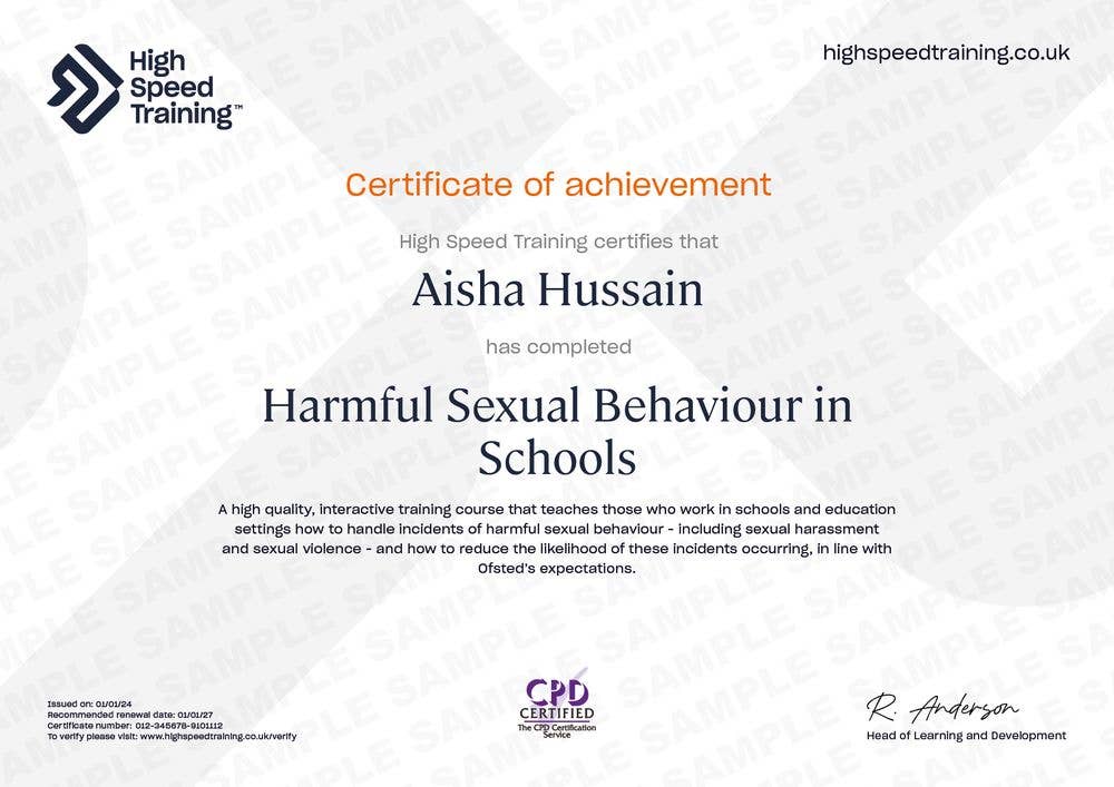 Sample Harmful Sexual Behaviour in Schools Certificate