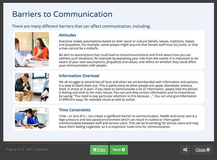 Course screenshot showing barriers to communication