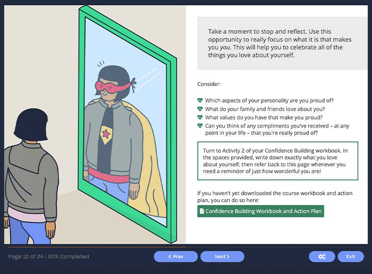 Course screenshot showing confidence building techniques