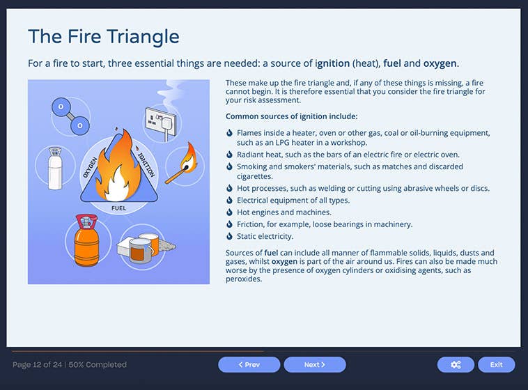 Course screenshot showing the fire triangle