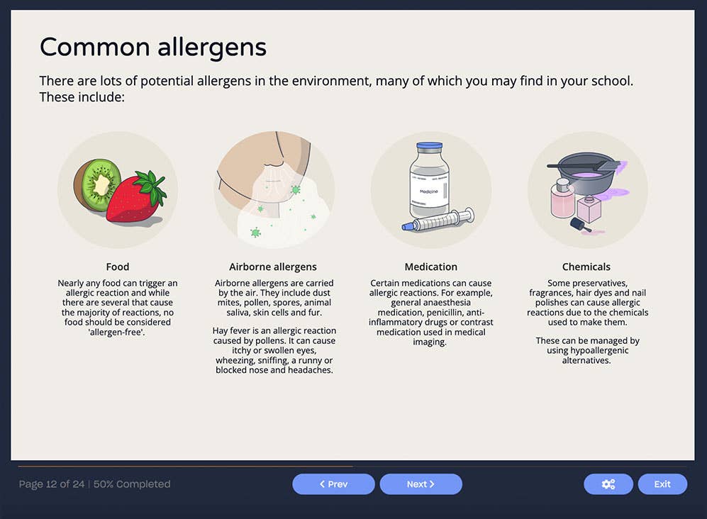 Course screenshot showing common allergies