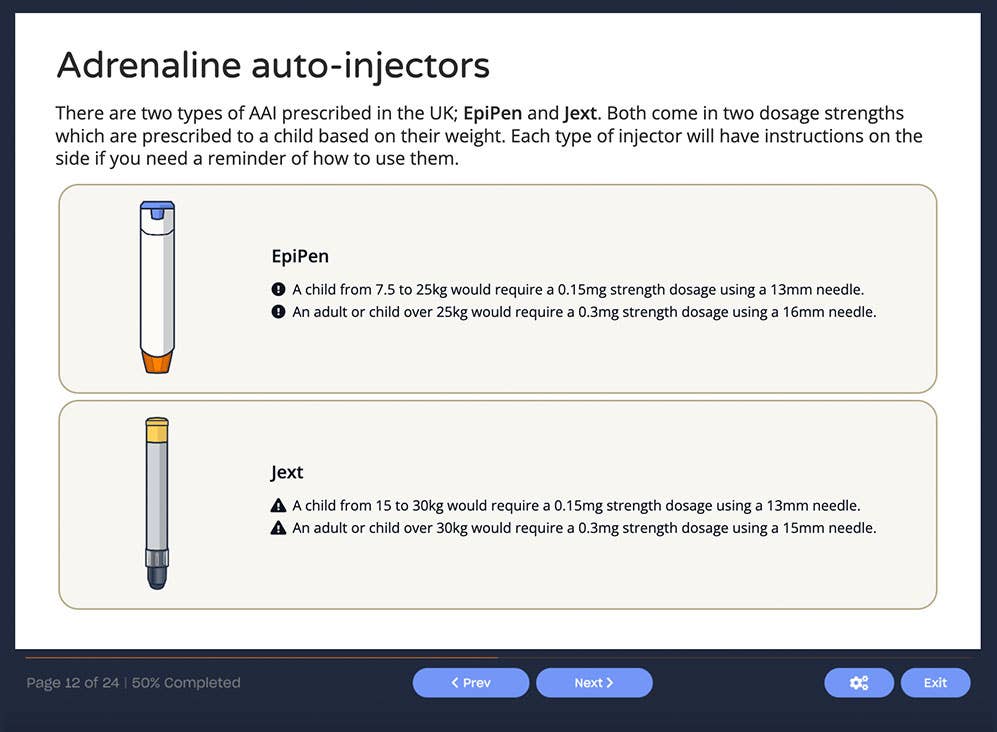 Course screenshot showing adrenaline auto-injectors