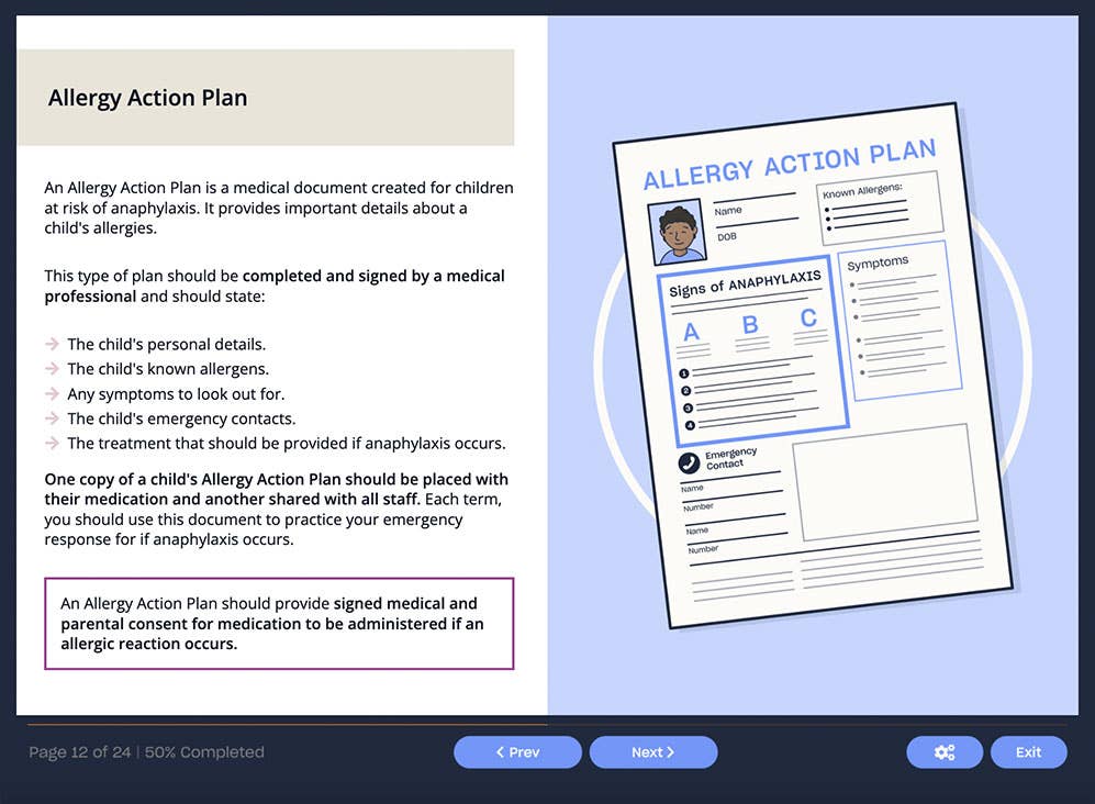 Course screenshot showing an allergy action plan