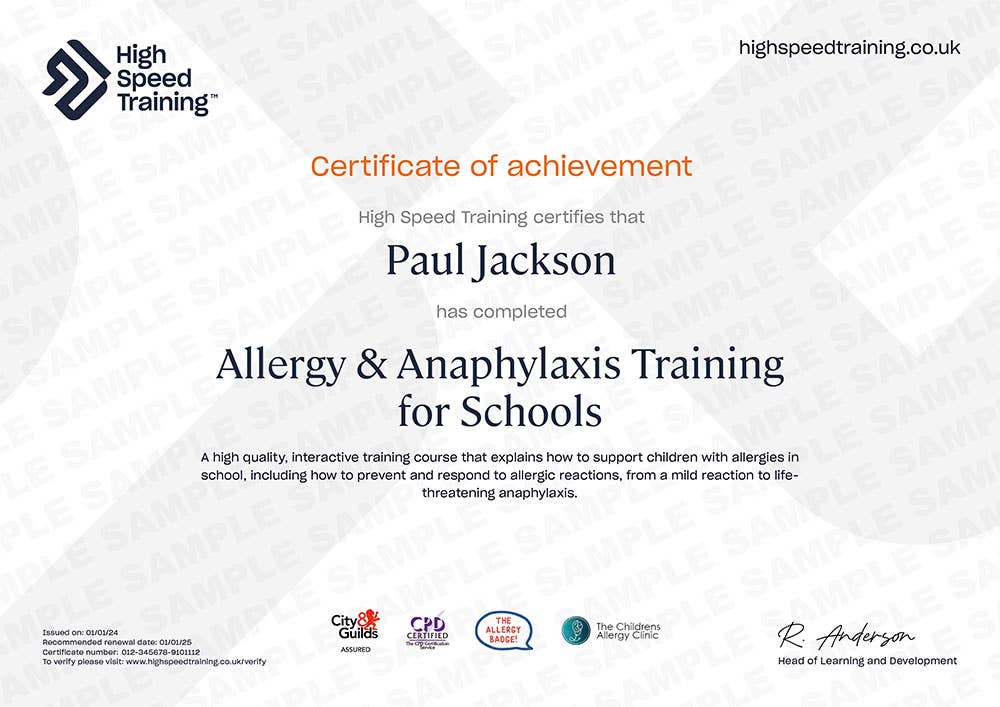 Sample Allergy & Anaphylaxis Training For Schools Certificate